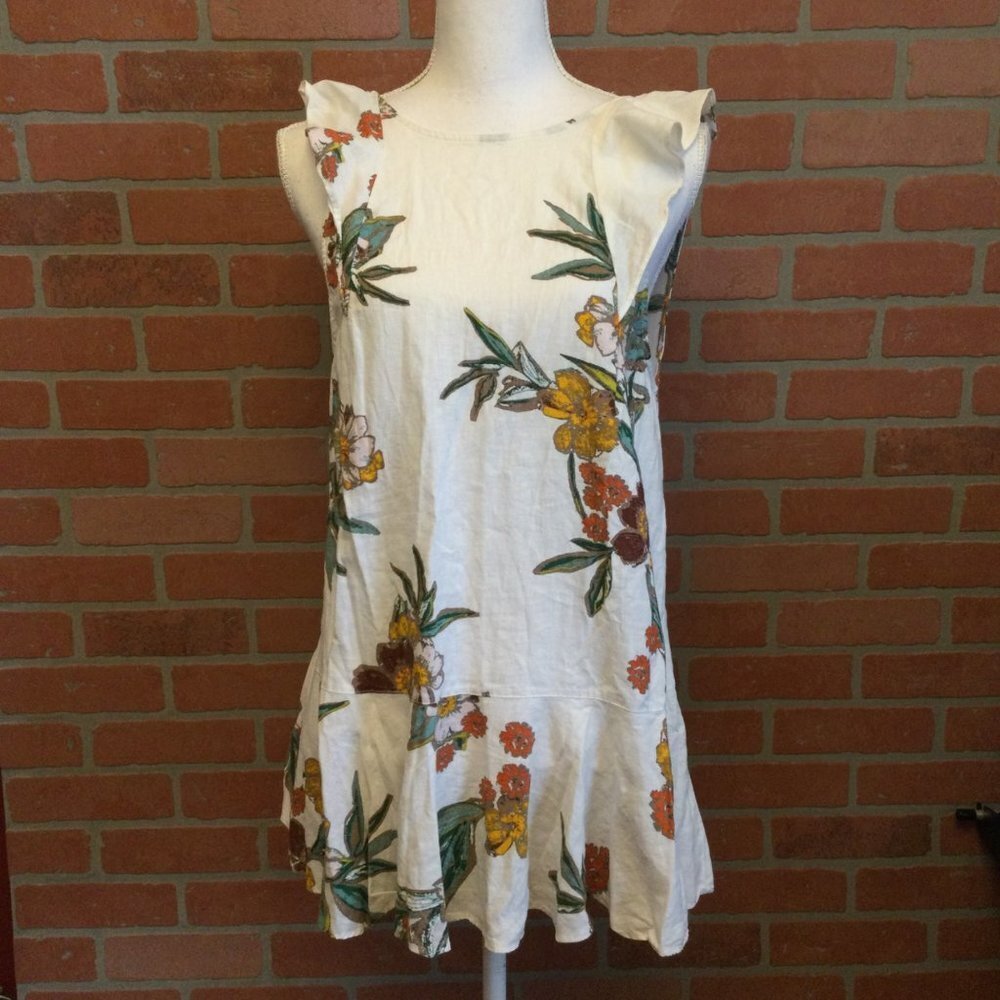 Free People Floral Dress XS Linen Sleeveless Ruffle Detail Open Back